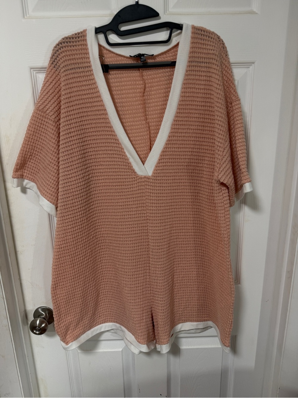 Blue Blush Peach Waffle Knit Top with White Trim